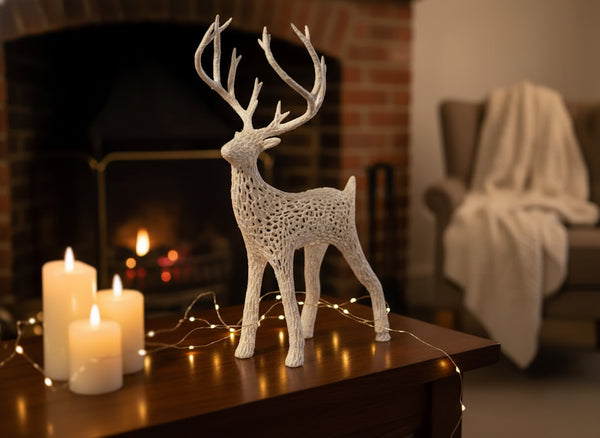 Elegant White Textured Reindeer Figurine - Festive Holiday Decor & Home Accent