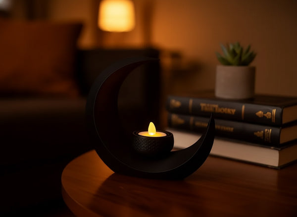Elegant Crescent Moon Tealight Holder - Ceramic & Wood LED Candle Lamp | Modern Home Decor & Gift