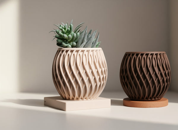 Two ceramic planters with wavy patterns, one holding a succulent, on a neutral background.